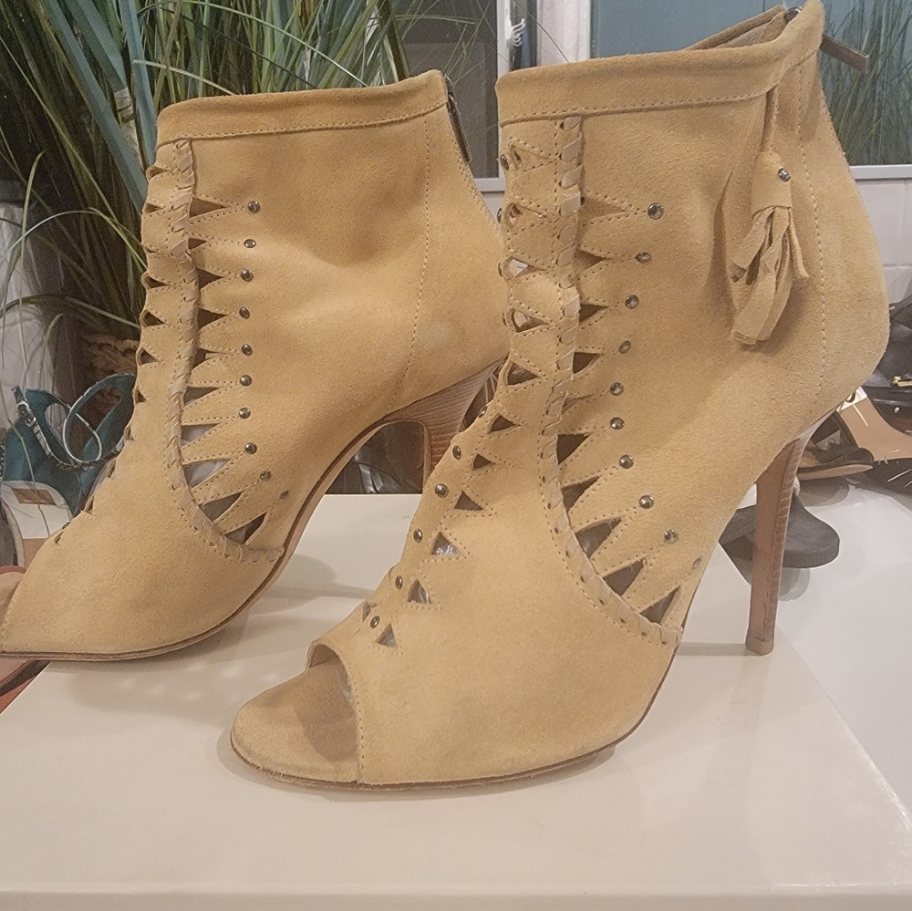 Jimmy Choo Coarse Suede Sand Cut Out Peep toe Booties